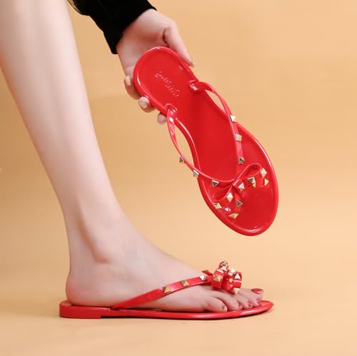 Image of Studded Jelly Shoes for Womens Bow Flip Flops Jellies Sandals Flat Black Summer Beach Thong with Rivets Strappy Slides Slip On