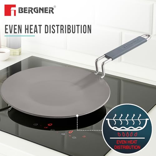 Image of BERGNER Tri-Ply Argent Ceramica 28cm Roti Tawa with Ceramic Coating, Non-Stick Large Roti Tawa with Stay Cool Handle, PFOA Free, Durable, Food Safe, Even and Faster Heating - Induction Compatible