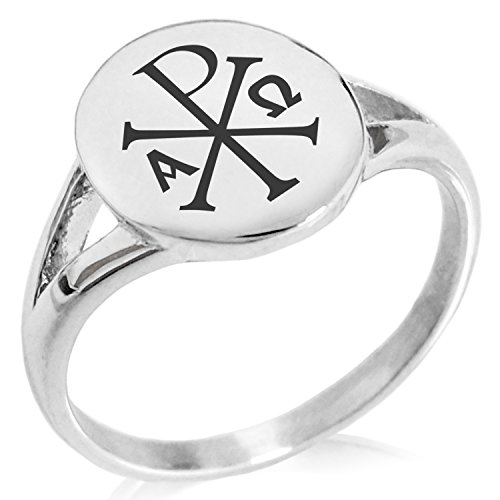 Stainless Steel Chi Rho Alpha Omega Symbol Minimalist Oval Top Polished Statement Ring, Size 9