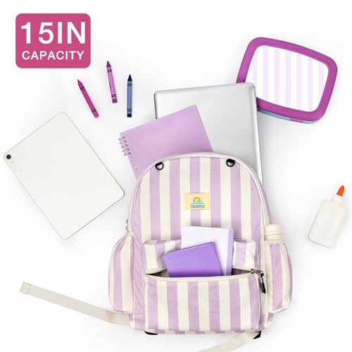 Image of STEAMEDBUN Corduroy Kids Backpack for Girls and Boys 5-8: Girls Backpack for Elementary Kindergarten - 15 inch Cute Backpacks for Kids - Stripe