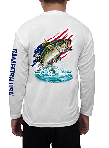 GAMEFISH USA Long Sleeve Fishing Shirt American Flag Bass for Kids, UPF 50+ Microfiber Performance Clothing