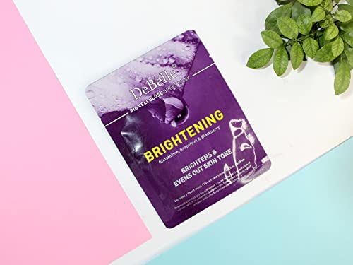 DeBelle Bio Cellulose Face Sheet Mask - Brightening| Glutathione Enriched for Dark Spot Reduction and Heathy Glow | Glutathione, Grapefruit and Blackberry Extract | Evens out Skin Tone, Pack of 1 Sheet Mask, 25ml