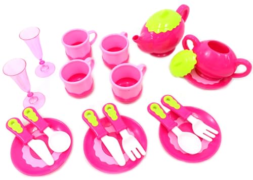 Deluxe Pink Tea Toy Set for Kids with Tea Pots, Cups, Dishes and Kitchen Utensils for Pretend Play (18 pcs) Children Play Tea Set Gift for Girls 2-4