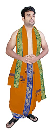 Image of TUNI MANI Men's Panchakacham Dhoti with Angavasthram Towel, Jari Border, 100% Cotton, Size: 9 X 5 (4.0mtr Dhoti, 2.25mtr Towel) (Unstitched)