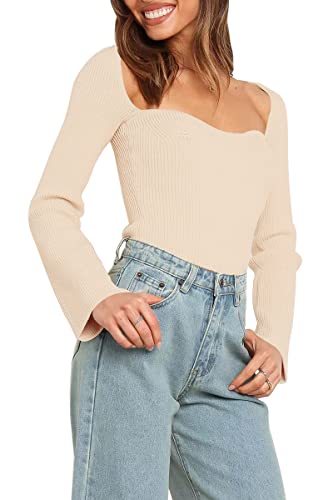 Lillusory Womens Spring Outfits Holiday Winter Clothes Sweetheart Neckline Pullover Tops Long Sleeve Fitted Shirt Sweater Apricot thumb #2