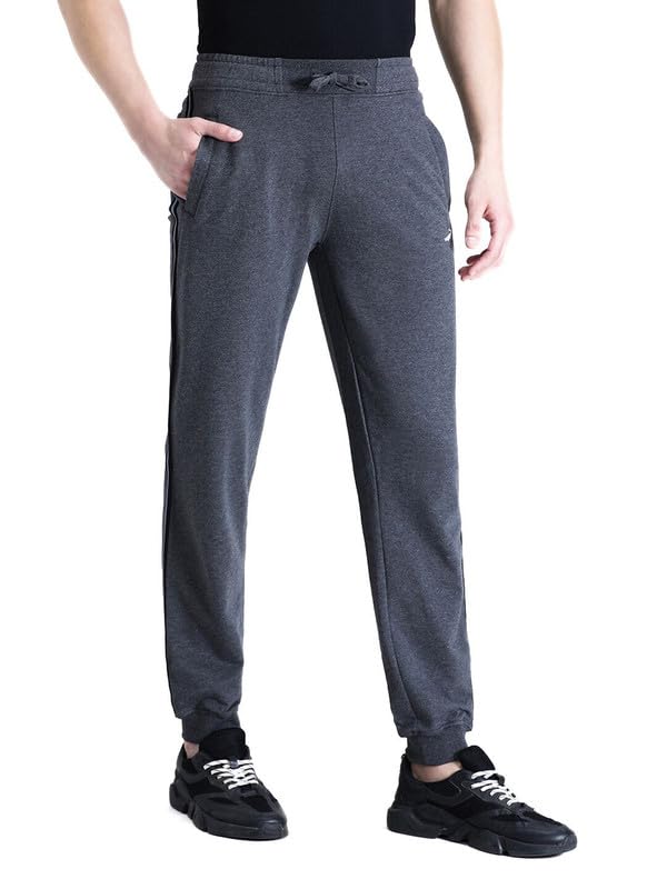 Image of CROCODILE Men Solid French Terry Joggers | Classic Fit | Mid Rise | Drawstring Closure | Ankle Length | Casual Wear Navy Melange