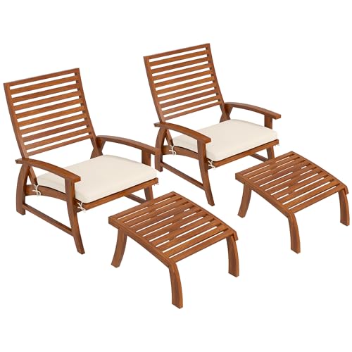 Outsunny Patio Furniture Set, 4 Pieces Outdoor Conversation Bistro Set Garden Chair Sofa Set with Cushion, Patio Acacia Wood Seat with Footstools, Slatted Seat & Backrest, Armrests, Cream White