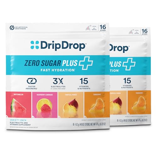 Image of DripDrop Hydration Zero Sugar Plus Electrolyte Packets, 16 Ct (Pack of 2) | Raspberry Lemonade, Watermelon, Tangerine, Tropical Punch; Sugar Free Powder Drink Mix; No Artificial Sweeteners, Low Calorie