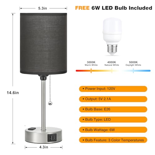 Image of Small Bedside Table Lamp for Bedroom - Desk Lamp with USB Ports for Dorm