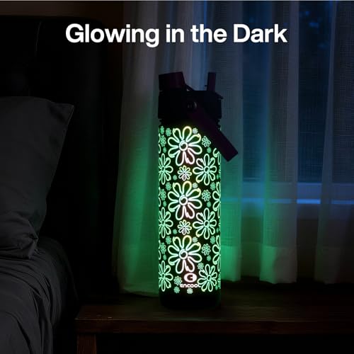 Image of ENCOOL Insulated Water Bottle with Straw Stainless Steel Water Bottle, Glow in the Dark, Leak-Proof, BPA-Free, Keeps Cold for 24 Hours for Sports, Travel, School (26 oz, Flower)