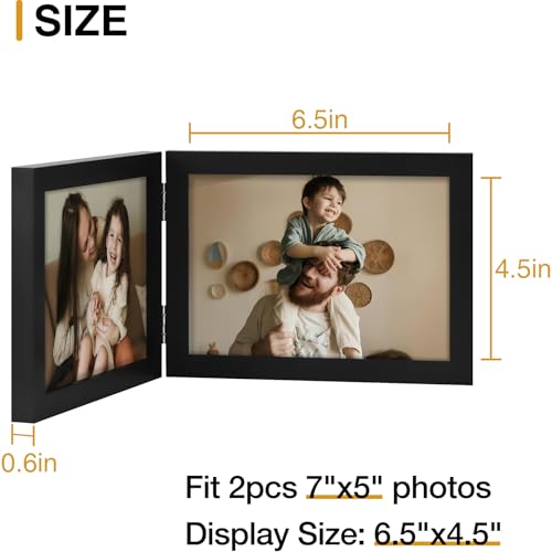 decorUhome Double 7x5 Picture Frame Horizontal, Engineered Wood Bifold Photo Frame with Plexiglass for Tabletop Display, 7x5, Black