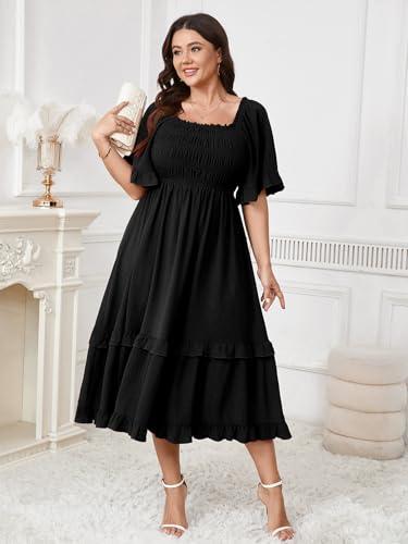 Image of SCOMCHIC Women's Plus Size Maxi Dresses Summer Short Sleeve Square Neck Smocked Wedding Guest Cocktail Boho Long Dress
