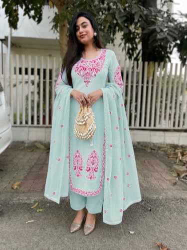 Image of GoSriKi Kurta Sets for Women Viscose Embroidered | Kurta Pant Dupatta Set | Straight Kurti Set for Women | Round Neck 3 /4 Sleeve Ethnic Suit | Designer Indian Kurti Outfit with Pants