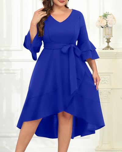 Image of Plus Size Wedding Guest Dress - Double Bell Sleeve High Low Split Dresses