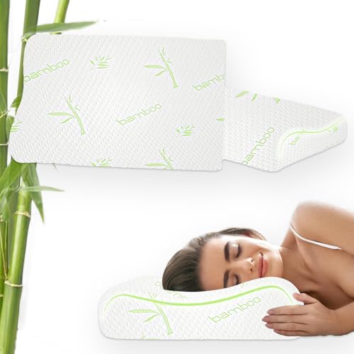 Image of AYKA Bamboo Cervical Memory Foam Pillow for Neck & Shoulder Pain Relief | Orthopedic Contour Pillow for Sleeping & Spinal Alignment | Ergonomic Support | 2-Year Warranty (Set of 2)