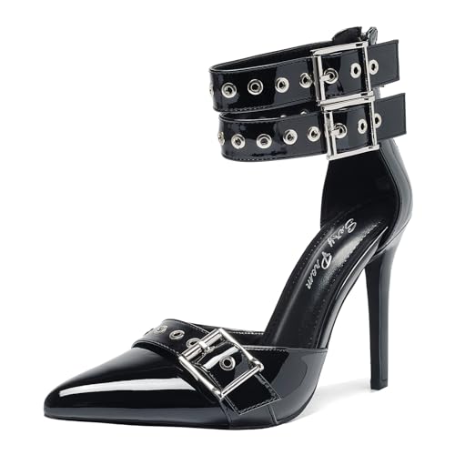 Women's Pointed Toe 4.3IN Stiletto Heel Pumps Double Ankle Straps & Big Buckles Nightclub Party Wedding Dress Shoes