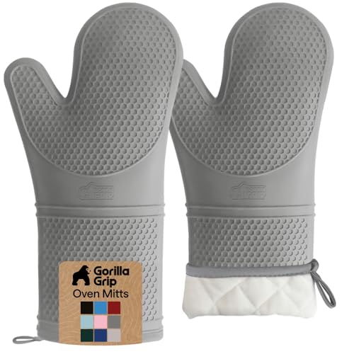 Image of GORILLA GRIP BPA-Free Soft Silicone Oven Mitts, 14.5x8.3, Heat Resistant and Waterproof Cooking Gloves, Thick Cotton Lining, Flexible Gripping for Baking Grilling, Kitchen Potholders Set of 2, Gray