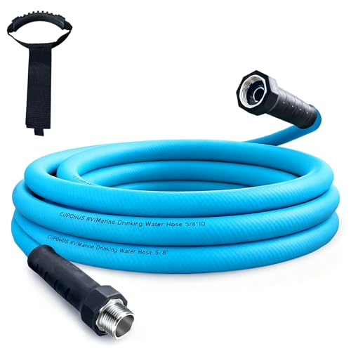 Image of Cupohus RV Water Hose 15FT, 5 /8 inch Extra Thick Wall Drinking Water Hose | Camper Water Hose, Potable Food Grade Hose with Storage Strap, Strain Relief Ends, Kink-Resistant, Marine, Car, Garden, Blue
