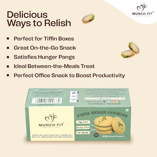 Image of Munch Fit Pista Besan Cookies, Crunchy & Tasty Egg Less Cookies 125gm Pack of 3 | Gluten Free, No Maida, Sugar-Free | Almond & Pistachio Healthy snacks | High Fiber Protein & Iron-Rich