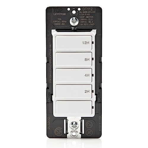 Leviton Countdown Timer Switch for household lights, heaters and exhaust fans, 2-4-8-12 hour, No Neutral Wire Required, Single Pole, 15A, 1/2 HP/9.8A Fan/Motor, DT112-1LW, White