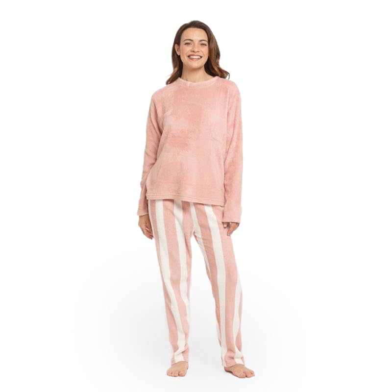 TRAMAS+ Pijama Mujer de Invierno, Pijama de Coralina con Camiseta de Manga Larga y Pantalón Largo Ajustable, Conjunto para Dormir Cómodo y Calentito - XL, Raya Vinia XL Rosa
