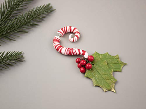 Christmas Earrings Faux Gauges Fake Ear Plugs and Tunnels Holly Berry Jewelry Studs Dangle Xmas Candy Holiday Gift for Daughter Girlfriend Sister