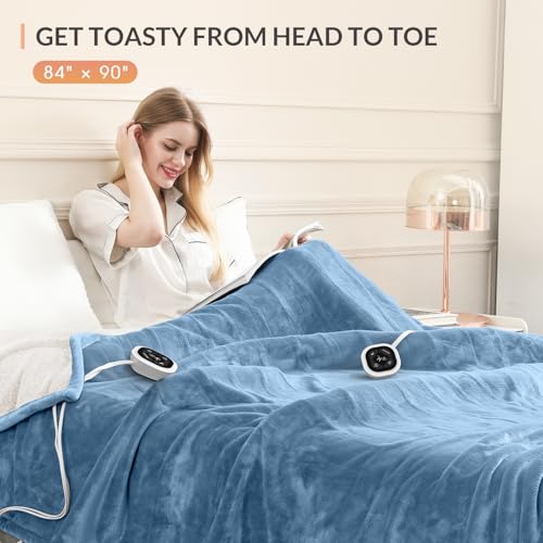 Image of HOMLYNS LuxeHeat Heated Blanket Electric Blanket Queen Size, Soft Flannel Sherpa Heating Blanket with 10 Heat Settings, 1-10 hrs Timer Auto Shut Off (84x90 inches, Blue), Only for 120V Voltage Use