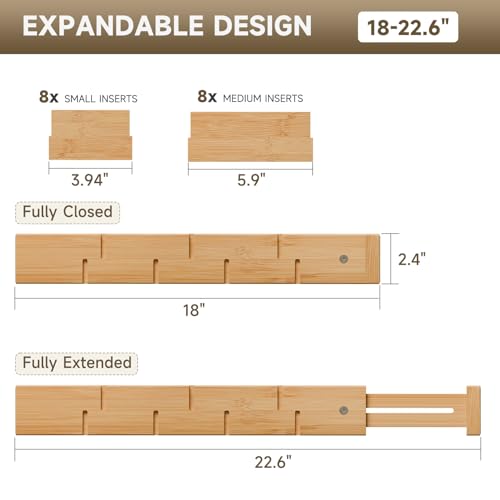 Vellzeyce Kitchen drawer organizer,expandable bamboo drawer divider,include 8 dividers,8 small inserts and 8 medium inserts for Home, Office, Dressers (Long-8 Dividers) - Thumbnail 2