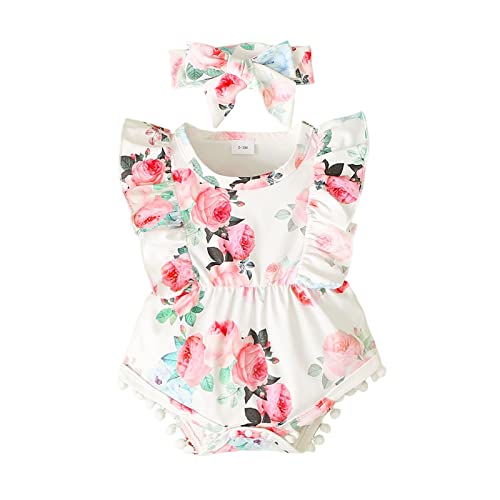 Image of Hascloth Newborn Baby Girl Romper Infant Tassel Bodysuit Floral Dress Shorts Jumpsuit Ruffle Sleeveless Clothes Outfit