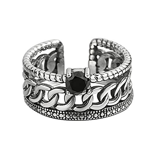 Bague ouverte argent sterling femme large bande chaîne zircon noir