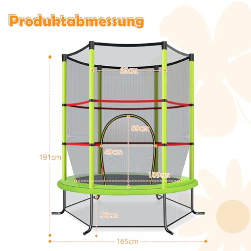 Miniatura 7 de Costway Cama Elastica Infantil Ø 165cm, Trampolines Con Red De Seguridad Y Almohadilla Para Muelles Para Niños De 3-6 Años, De Interior Exterior, Carga Estática 135kg Verde, Ø165 X 191 Cm