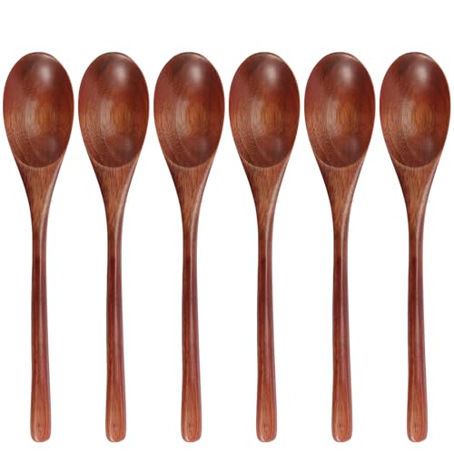Wooden Spoons, 6 Pieces 9 Inch Wood Soup Spoons for Eating Mixing Stirring, Long Handle Spoon with Japanese Style Kitchen Utensil, ADLORYEA Eco Friendly Table Spoon (Nanmu, 9 Inch)