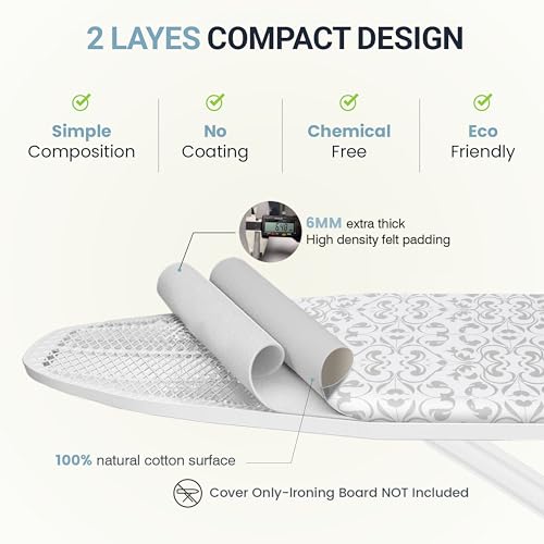 Image of Ironing Board Cover and Pad 15 inchx54 inch Extra Thick Natural Cotton, Scorch and Stain Resistant Padding,Standard Size Iron Board Cover with Fasteners Heavy Duty Elastic Edge, Heatproof Ash