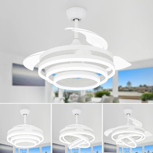 Image of oltao Enigma Modern 42-Inch Dimmable Chandelier Ceiling Fan - White | with Copper BLDC Motor & Retractable Blades | Summer-Winter Mode LED Light Fan with Remote & App Control - for Living Room