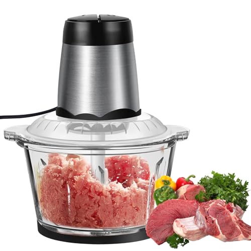 Picadora de carne eléctrica 300W Picadora eléctrica, 2 velocidades ajustables 4 filos cocina verduras picadora, 2L recipiente de vidrio Mini picadora para picar, mezclar/mezclar/triturar alimentos