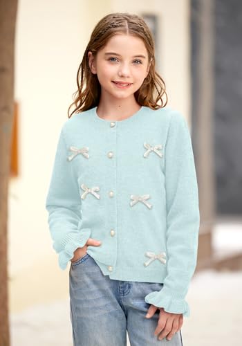 BesserBay Girl Fall 3D Bow Button Down Knit Ruffle Long Sleeve Cardigan Sweater 6-14 Years3