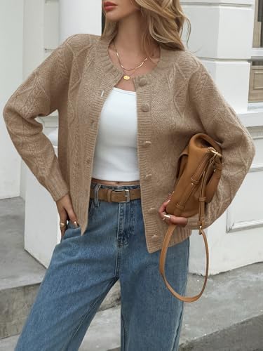 Saodimallsu Womens Cable Knit Cardigan Button Down Crew Neck Long Sleeve Loose Fall Trendy Sweater Coats