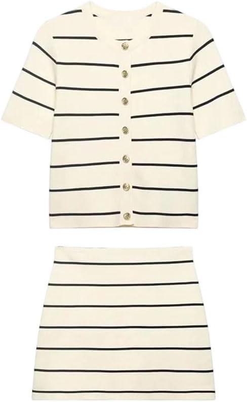 Women Striped Knitted Top Button Decor Short Skirt Spring Summer Casual Two Piece Set