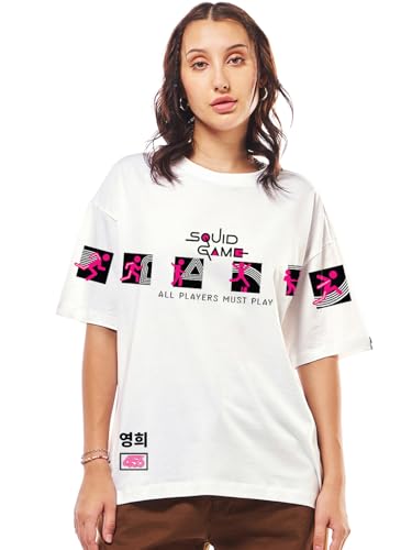 Image of Bewakoof X Squid Game Women's Cotton Jersey Graphic Print Oversized Fit Half Sleeve Round Neck T-Shirt | Casual wear | Streetwear | Oversized Tshirt for Woman Cotton| Baggy