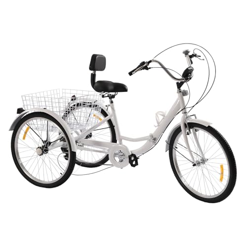 Driewieler voor volwassenen, fiets met ledlicht, groentemand, opvouwbare mand, fiets, bakfiets, senioren, trike, stabiele driehoekige structuur, comfortabel 24 inch, 3 wielen, 7 versnellingen, wit