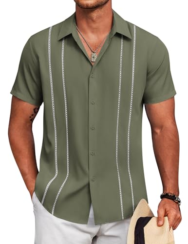 Image of COOFANDY Mens Cuban Guayabera Shirt Short Sleeve Button Down Shirts Summer Beach Vacation Shirts