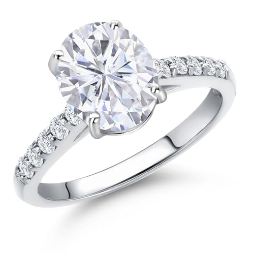 Gem Stone King 10K White Gold Gemstone Birthstone and White Lab Grown Diamond Accent Engagement Ring For Women | Oval 9X7MM and Round 1.7MM | Wedding Anniversary Promise Ring | Sizes 5, 6, 7, 8, 9