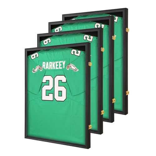 Image of Jersey Frame Display Case 4 Pack for Wall ,Large Lockable T-Shirt Shadow Box with Clear UV Protection Acrylic & Hangers for Football Basketball Baseball Soccer Hockey, Matte Black