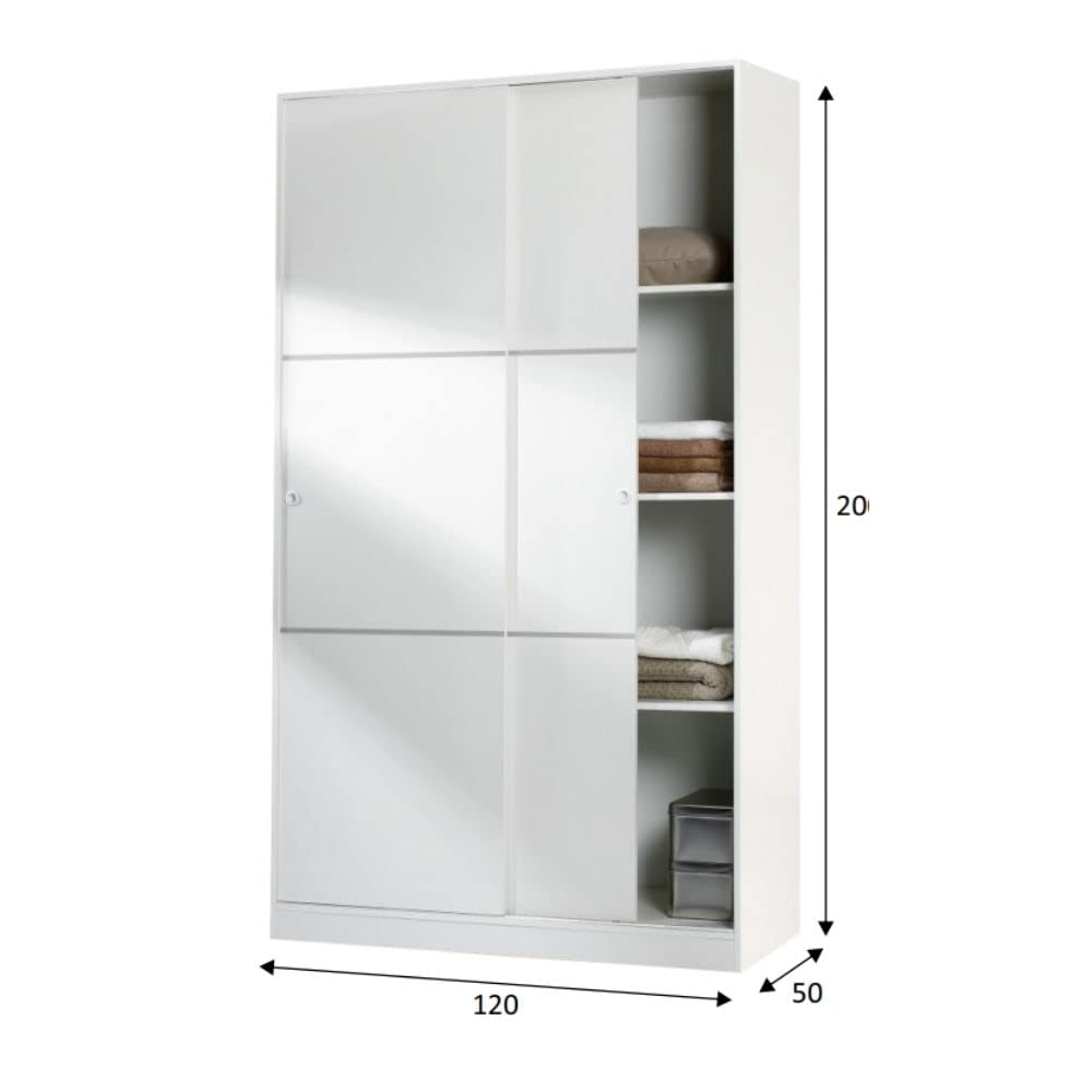 Mobelcenter, Armario 2 Puertas Correderas Matrimonio o Juvenil con 3 estantes y Barra de Colgar, Color Blanco Brillo, Medidas: Ancho: 120 cm x Fondo: 50 cm x Alto: 200 cm (1415)