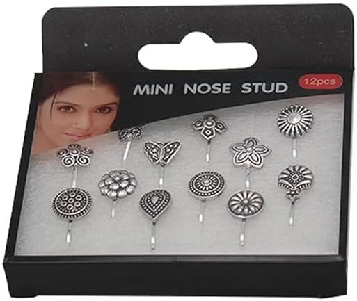 CHARMAURA Non Piercing Traditional Indian Nosepin Pressing Type Clip On Oxidized Silver Nose Ring Pin Stud For Women (1.5cm)