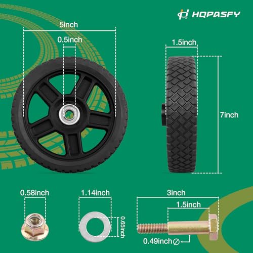 HQPASFY 7 Inch Lawn Mower Wheels 2 Pack 7\" Push Lawn Mower Wheels with Bolts & Nuts kits Fit Most Standard Push Lawn Mowers Garden Trucks Garden Carts Generator Hand Trucks Lawn Tractors (7\"×1.5\")