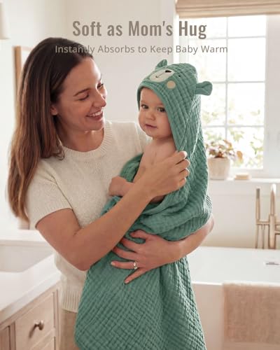 Image of Blissful Diary Muslin Baby Hooded Towel 2 Pack, Soft & Absorbent Bath Towel for Infant, Toddler, Unisex, Baby Gift, Newborn Essentials, Smart Bear & Sunny Duck