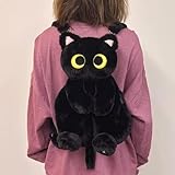Fonowx Plüschtier Katze Rucksack, Damen Katzen Plüsch Rucksack, Niedliche Schultasche, Cute Plush Animal Cat Backpack, Plush Daypacks, Kitten Cartoon Backpack für Snack Handy Kosmetik, Schwarz