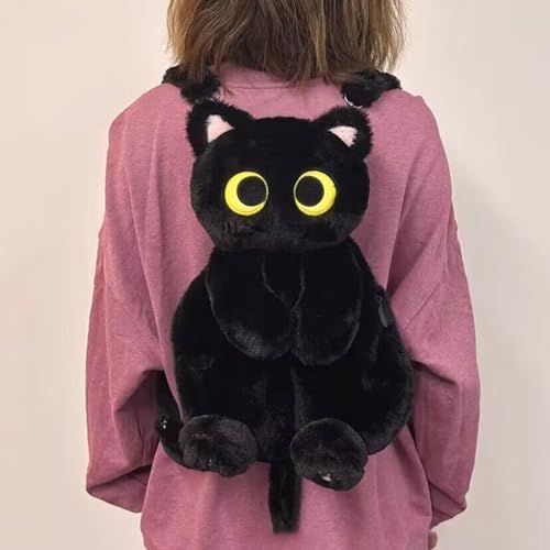Fonowx Plüschtier Katze Rucksack, Damen Katzen Plüsch Rucksack, Niedliche Schultasche, Cute Plush Animal Cat Backpack, Plush Daypacks, Kitten Cartoon Backpack für Snack Handy Kosmetik, Schwarz