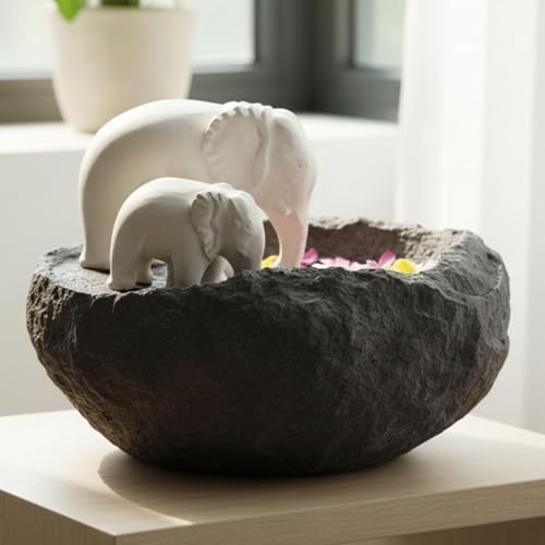 Image of eCraftIndia Elephant Statues Decorative Urli Bowl for Home Decor (Resin Black) | Urli Set for Decoration Floating Flowers Tea Light Candle Holder | Diwali Decoration Items